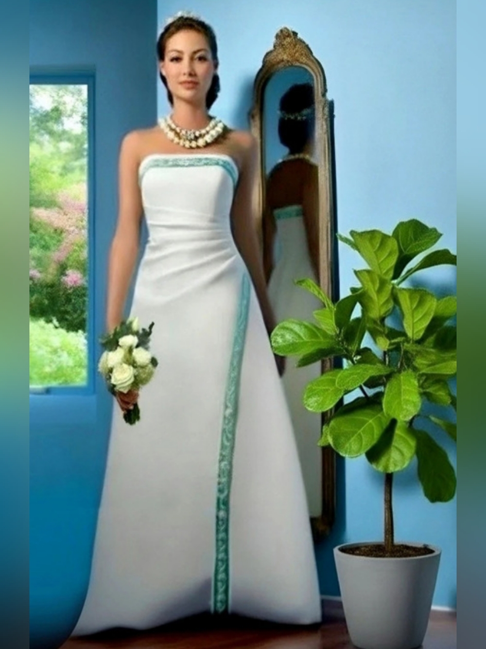 BNWT Alfred Angelo Strapless White & Cobalt Blue Wedding Gown C2015 Size 12